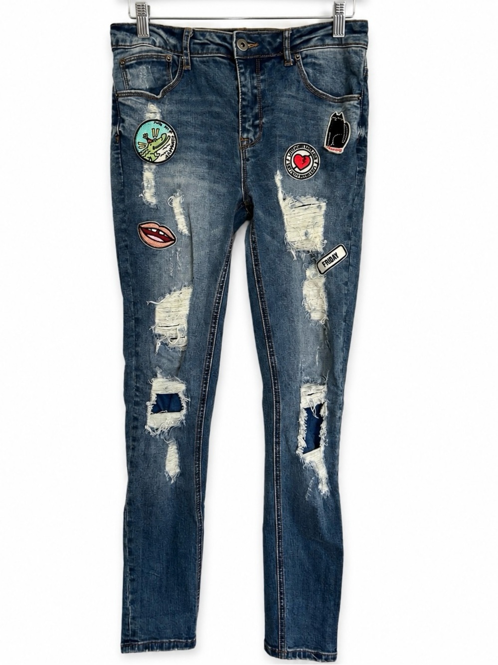 Y2K Jeans Distressed Patchwork Skinny Grumpy Cat Lips Heart 26